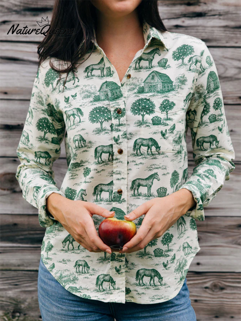 Women's Fun Retro Farm Print Lapel Cotton Shirt Top