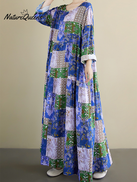 Women's Loose Floral Plaid Splicing Printed Cotton Dress