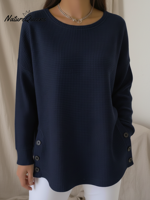 Casual Round Neck Side Slit Button Waffle Pullover Sweatshirt
