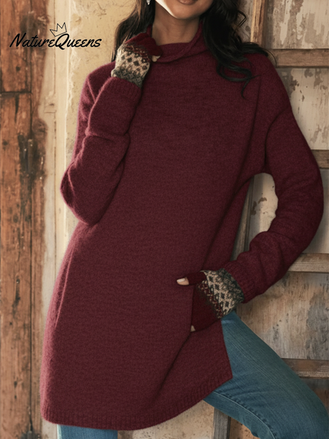 Women's Solid Color High Collar Loose Side Slit Pocket Sweater Top