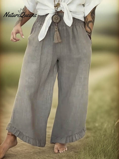 Women's Casual Wide Waist Lace Cotton and Linen Trousers