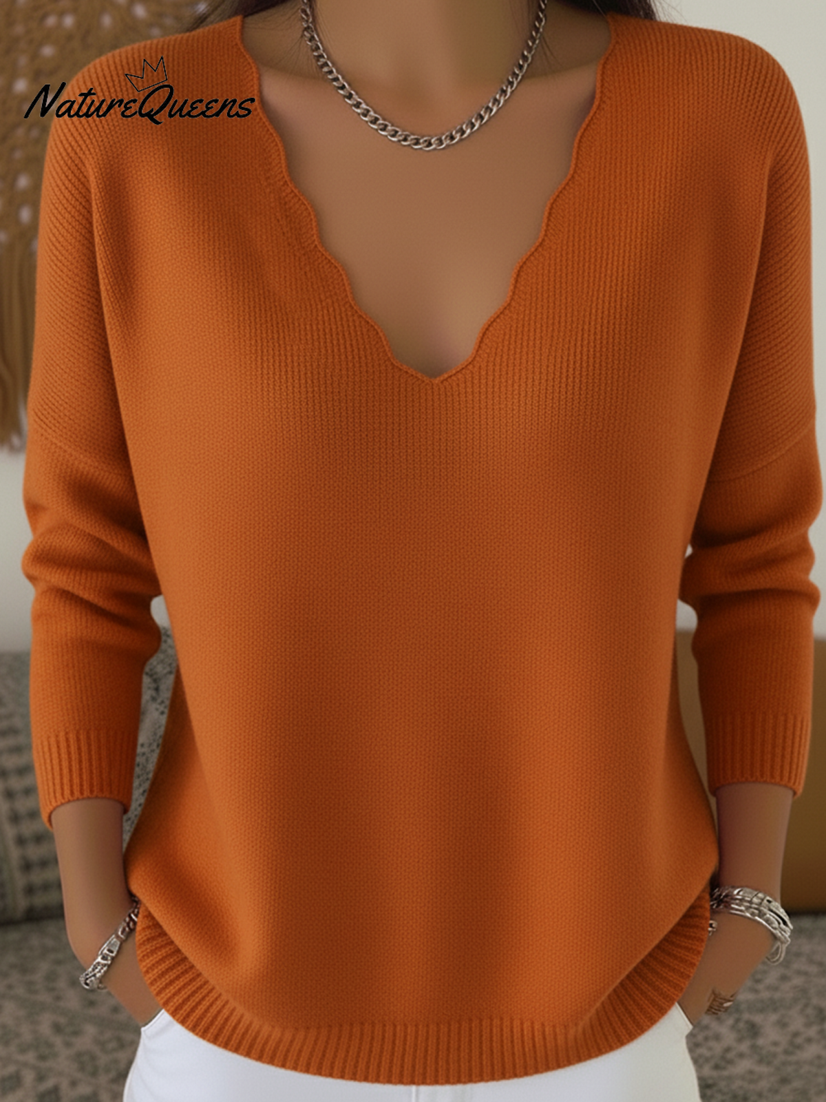 Women's Elegant Wavy Edge V-Neck Sweater Top