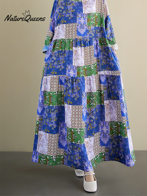 Women's Loose Floral Plaid Splicing Printed Cotton Dress