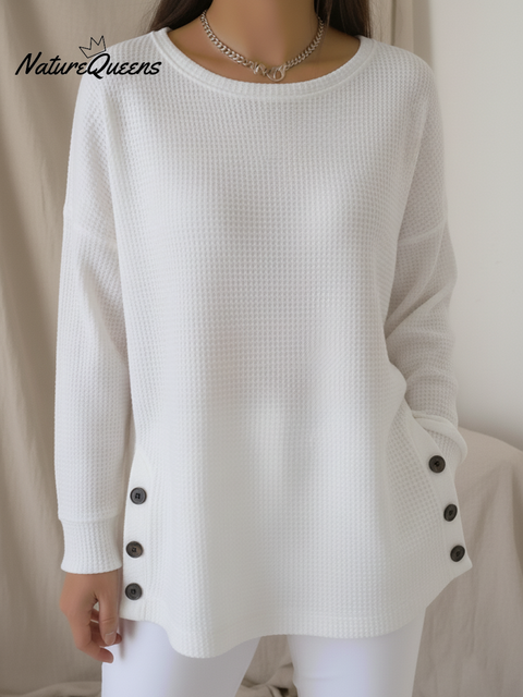 Casual Round Neck Side Slit Button Waffle Pullover Sweatshirt