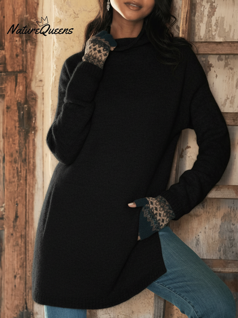 Women's Solid Color High Collar Loose Side Slit Pocket Sweater Top