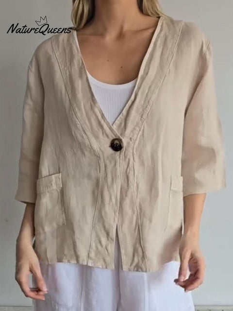 Women's Loose V-neck Button-down Linen Cardigan Top