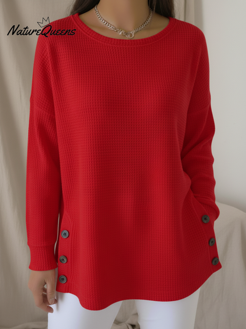 Casual Round Neck Side Slit Button Waffle Pullover Sweatshirt