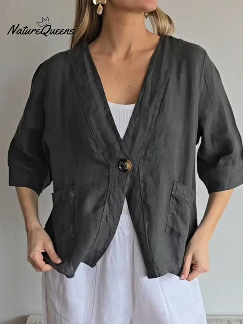 Women's Loose V-neck Button-down Linen Cardigan Top