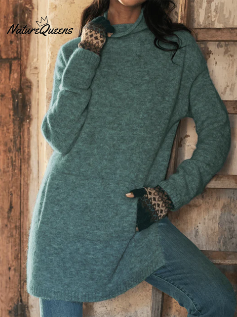 Women's Solid Color High Collar Loose Side Slit Pocket Sweater Top