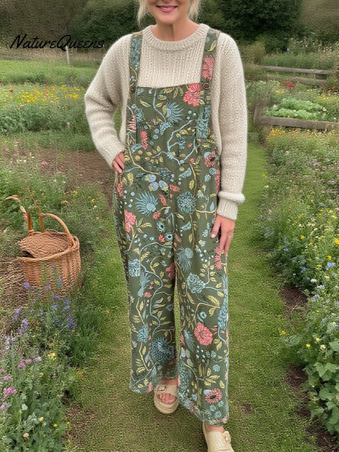 Women's Loose Floral Print Cotton Jumpsuit