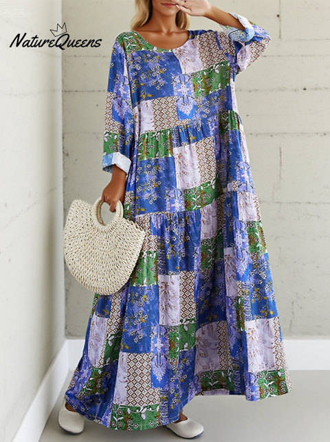 Women's Loose Floral Plaid Splicing Printed Cotton Dress