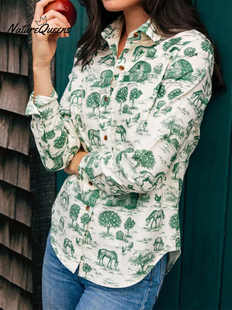 Women's Fun Retro Farm Print Lapel Cotton Shirt Top