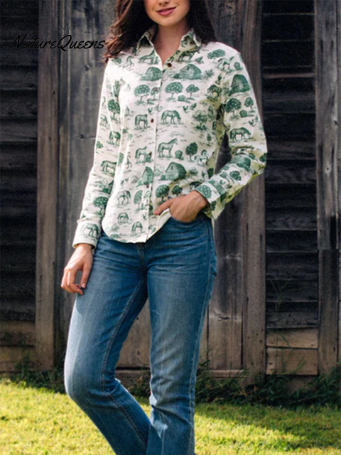 Women's Fun Retro Farm Print Lapel Cotton Shirt Top