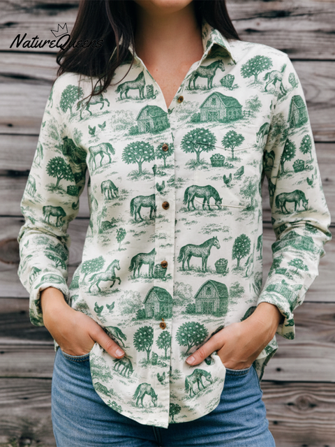 Women's Fun Retro Farm Print Lapel Cotton Shirt Top