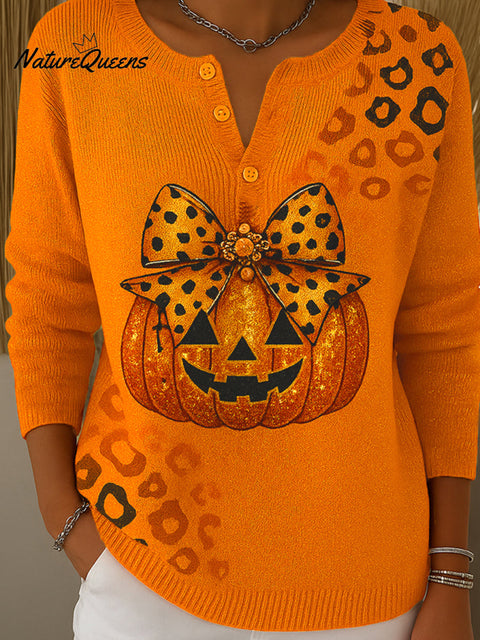 Women's Leopard Print Pumpkin Henley Sweater Top