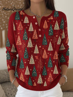 Women's Artistic Cedar Print Henley Neck Sweater Top