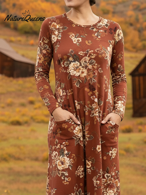 Women's Soft Floral Print Pocket Stretch Dress Caramel