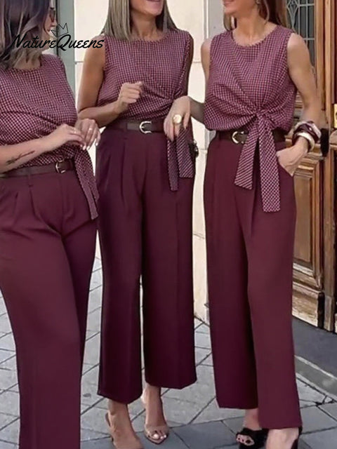 Women's Plaid Print Tie Top Straight Pants Two-Piece Set