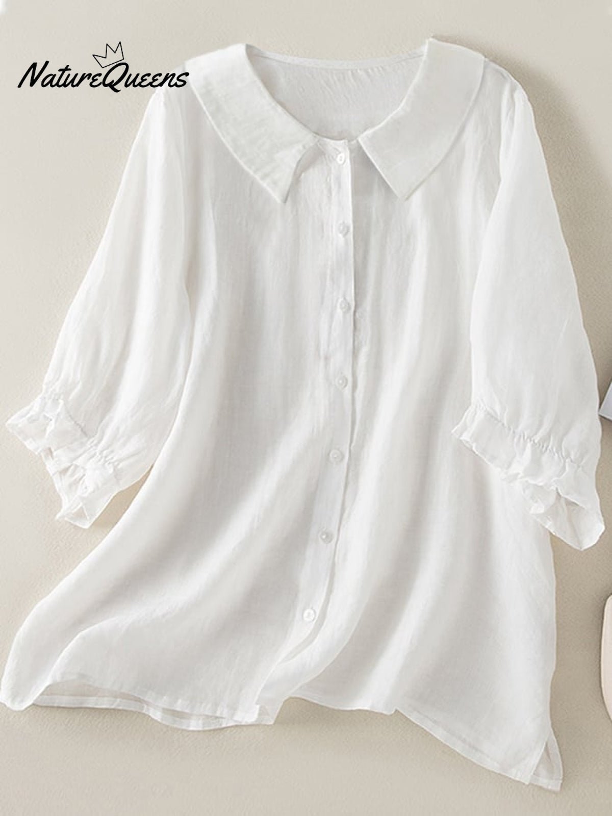 Cotton And Linen Solid Color Five-Quarter Sleeve Lapel Loose Shirt