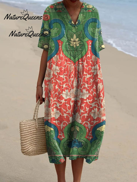 Women's Vintage Lovely Floral Art Print Cotton Dress