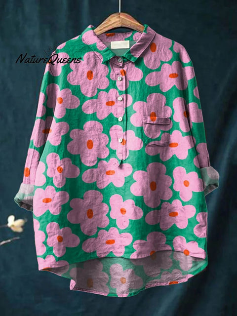 Women's Lovely Floral Ar Print Casual Cotton And Linen Shirt