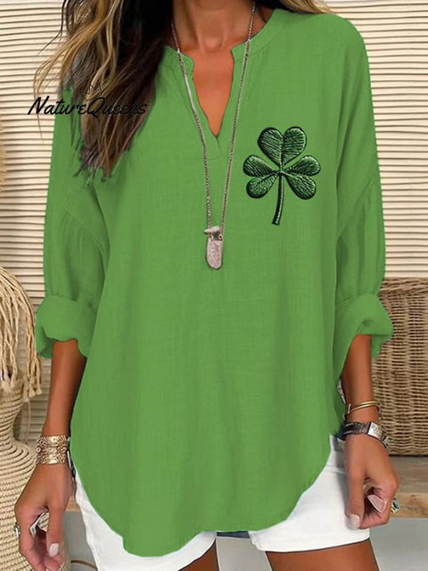 Women's St.Patrick's Day Art Printed Casual Linen V-neck Shirt