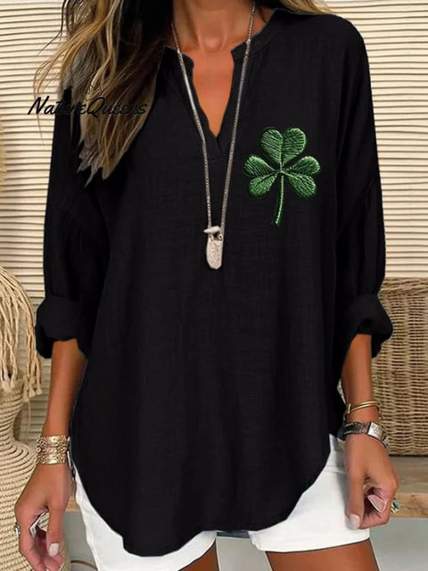 Women's St.Patrick's Day Art Printed Casual Linen V-neck Shirt