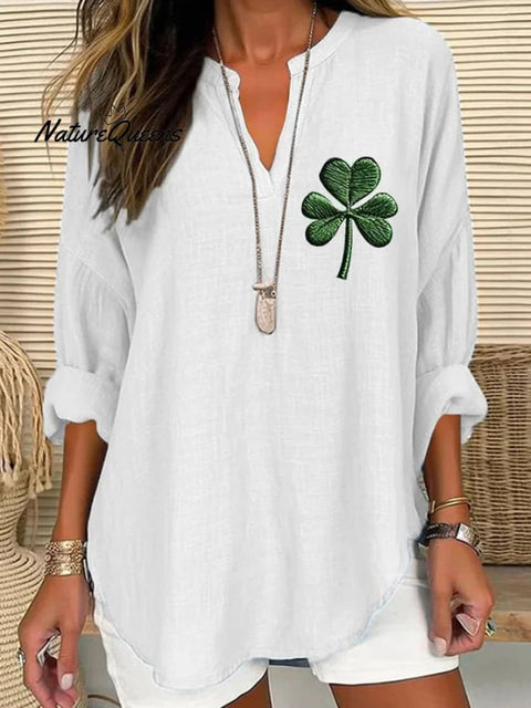 Women's St.Patrick's Day Art Printed Casual Linen V-neck Shirt