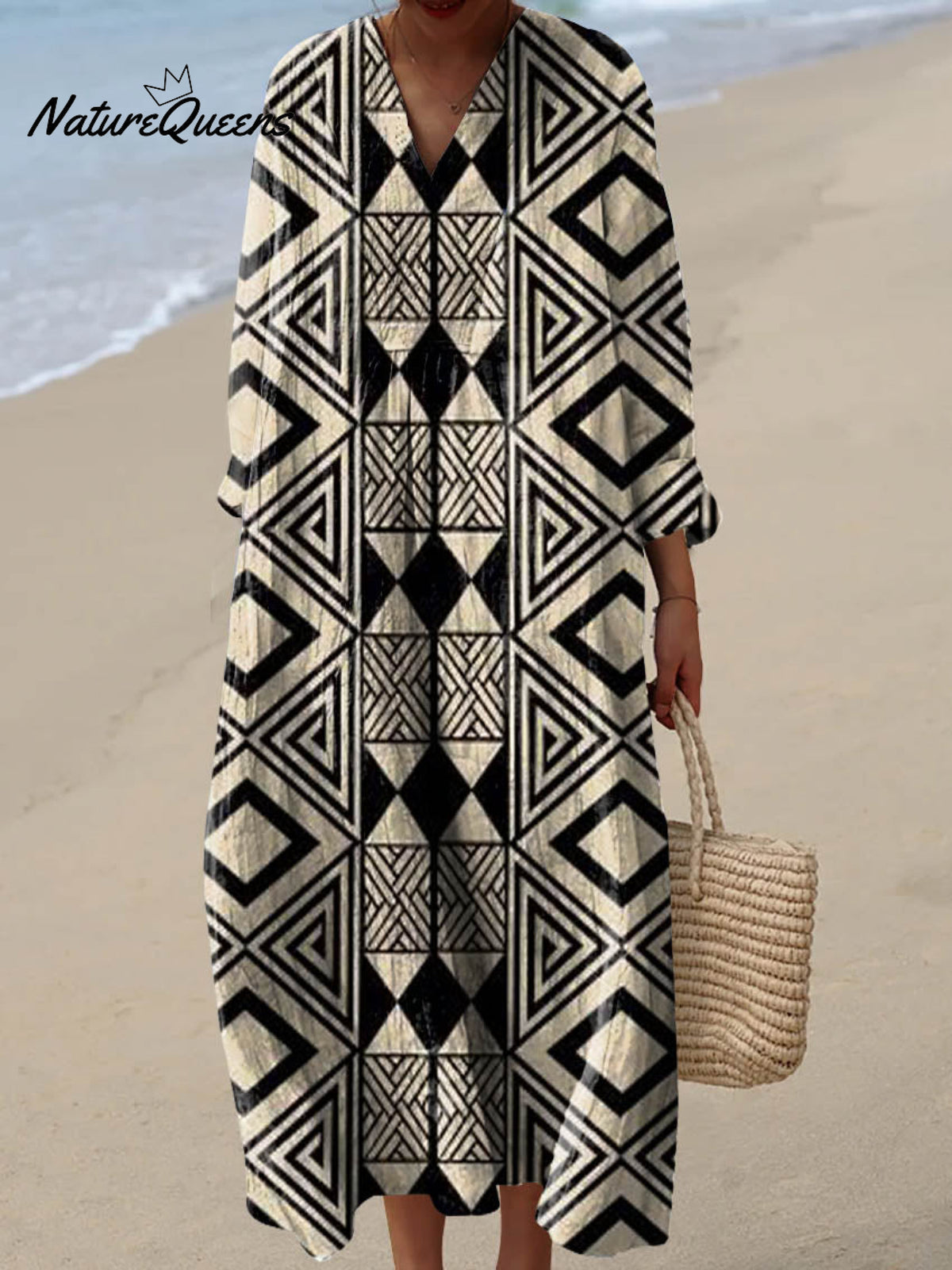 Women's Vintage Geometric Pattern Art Print Cotton Dress