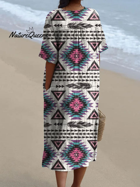 Women's Geometric Pattern Art Print Flowy Cotton Dress