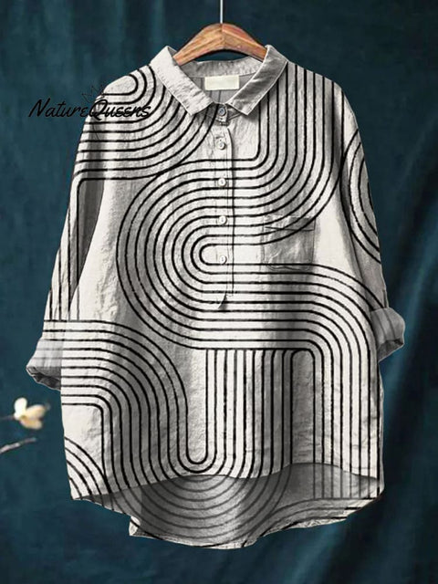 Women's Abstract Line Art Print Casual Cotton And Linen Shirt