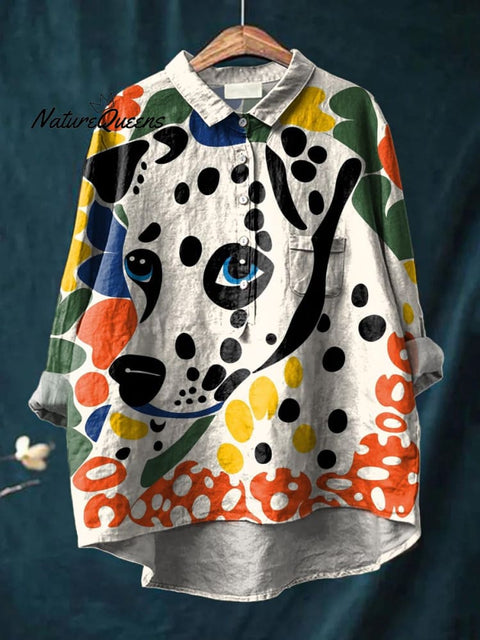 Women's Lovely Dog Art Print Casual Cotton And Linen Shirt