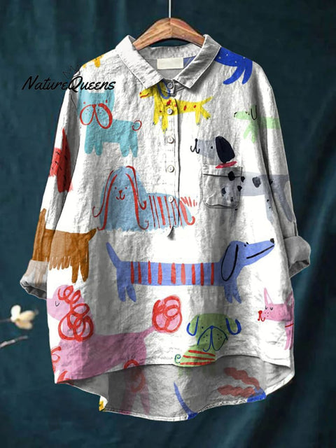 Women's Lovely Dogs Art Print Casual Cotton And Linen Shirt