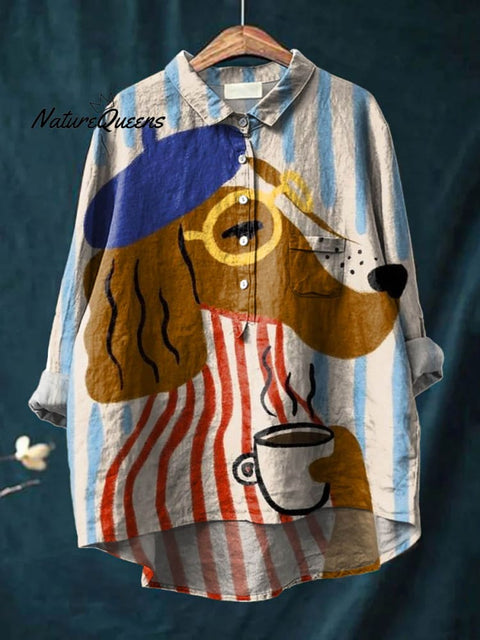 Women's Lovely Dog Art Print Casual Cotton And Linen Shirt