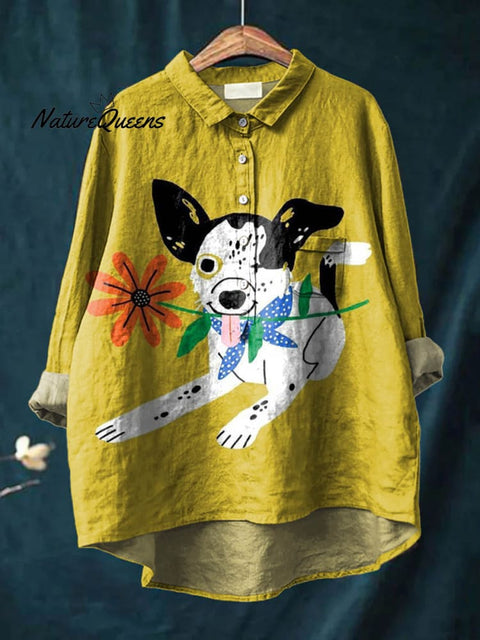 Women's Lovely Dog Art Print Casual Cotton And Linen Shirt