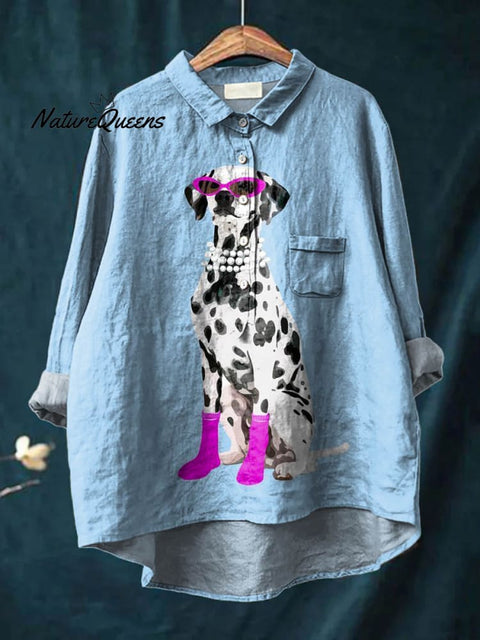 Women's Lovely Dog Art Print Casual Cotton And Linen Shirt