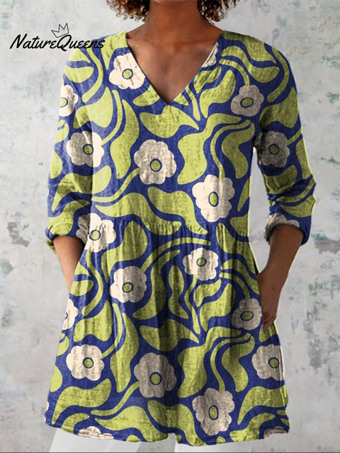 Women's Vintage Lovely Floral Art Print Casual Linen V-neck Shirt