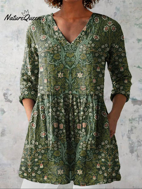 Women's Vintage Lovely Floral Art Print Casual Linen V-neck Shirt