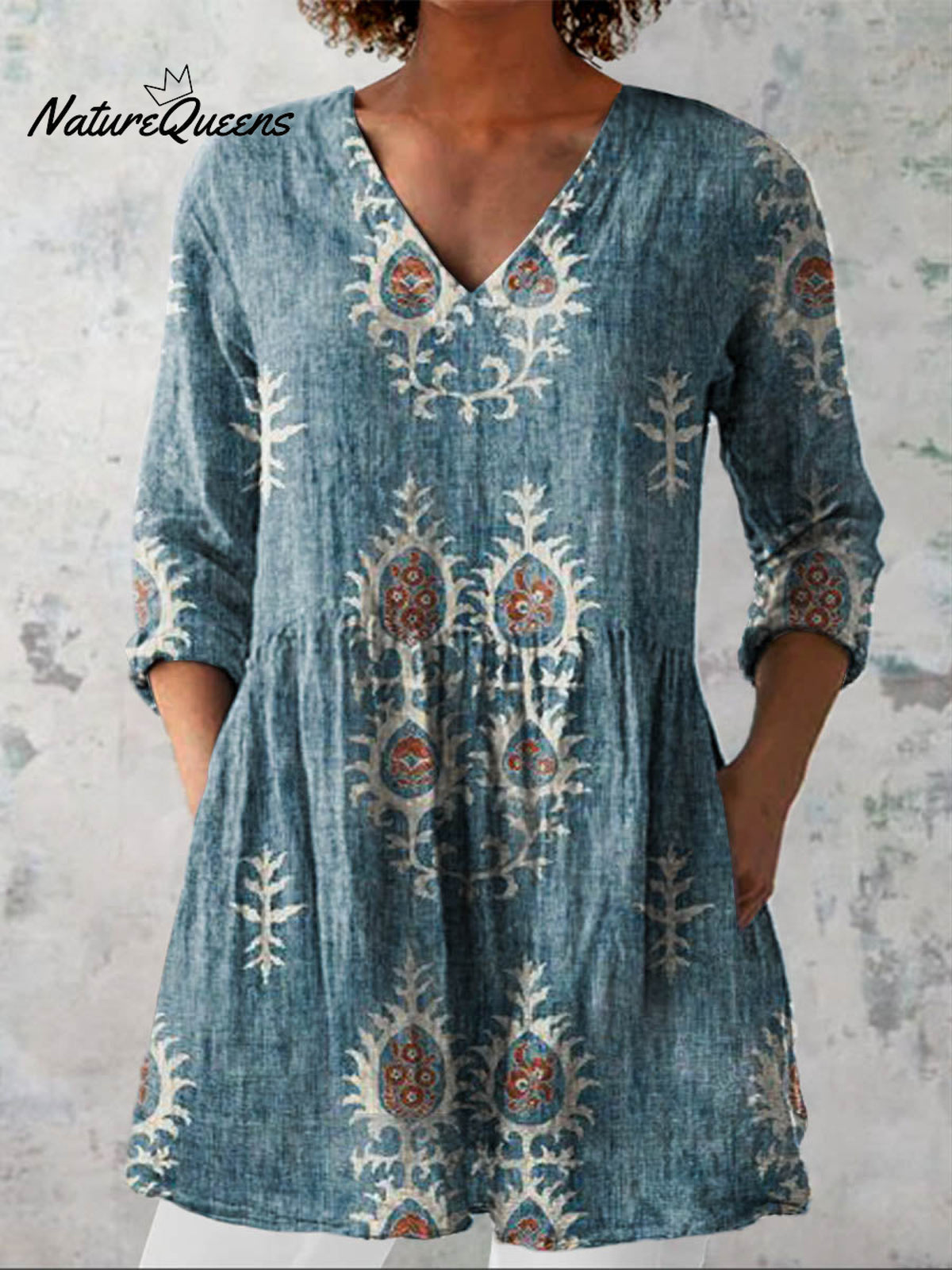 Women's Vintage Ethnic Pattern Art Print Casual Linen V-neck Shirt