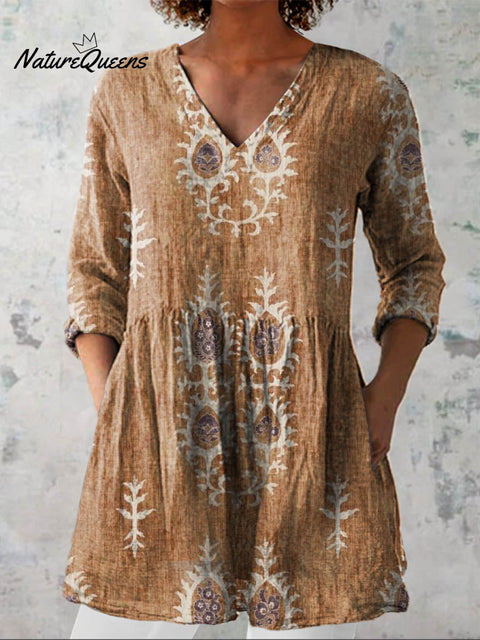 Women's Vintage Ethnic Pattern Art Print Casual Linen V-neck Shirt