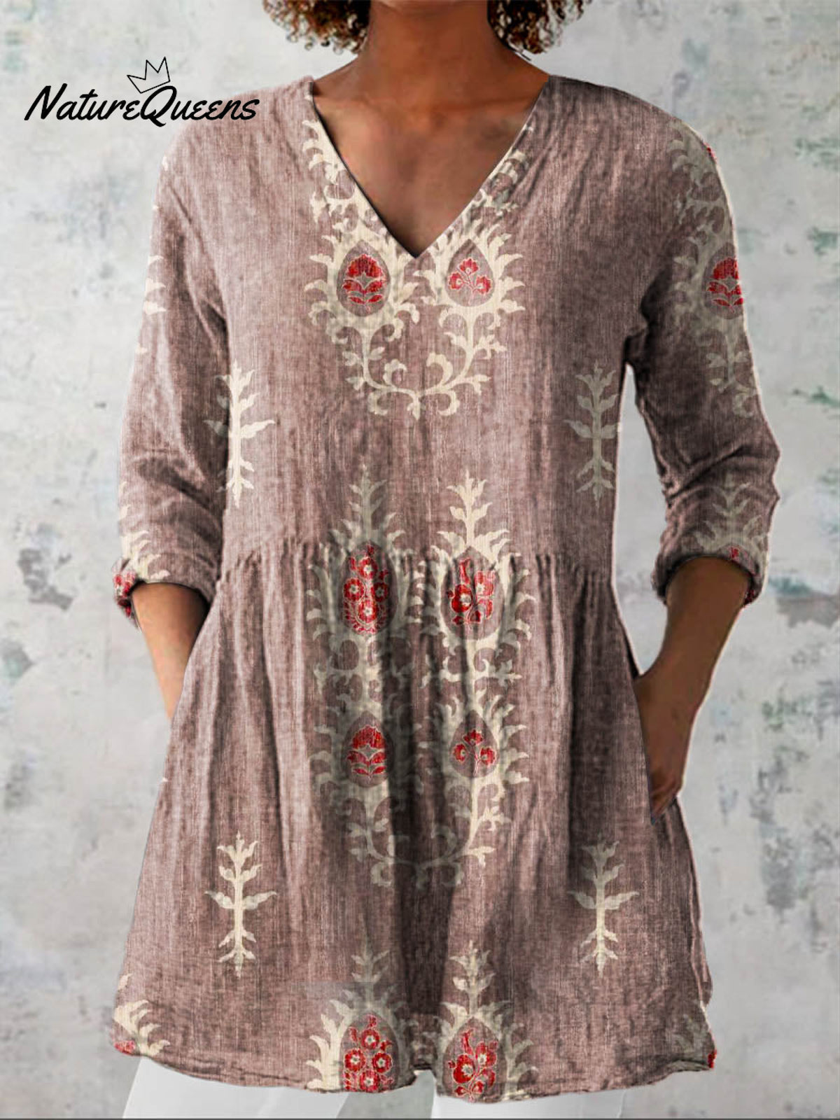 Women's Vintage Ethnic Pattern Art Print Casual Linen V-neck Shirt