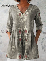 Women's Vintage Ethnic Pattern Art Print Casual Linen V-neck Shirt