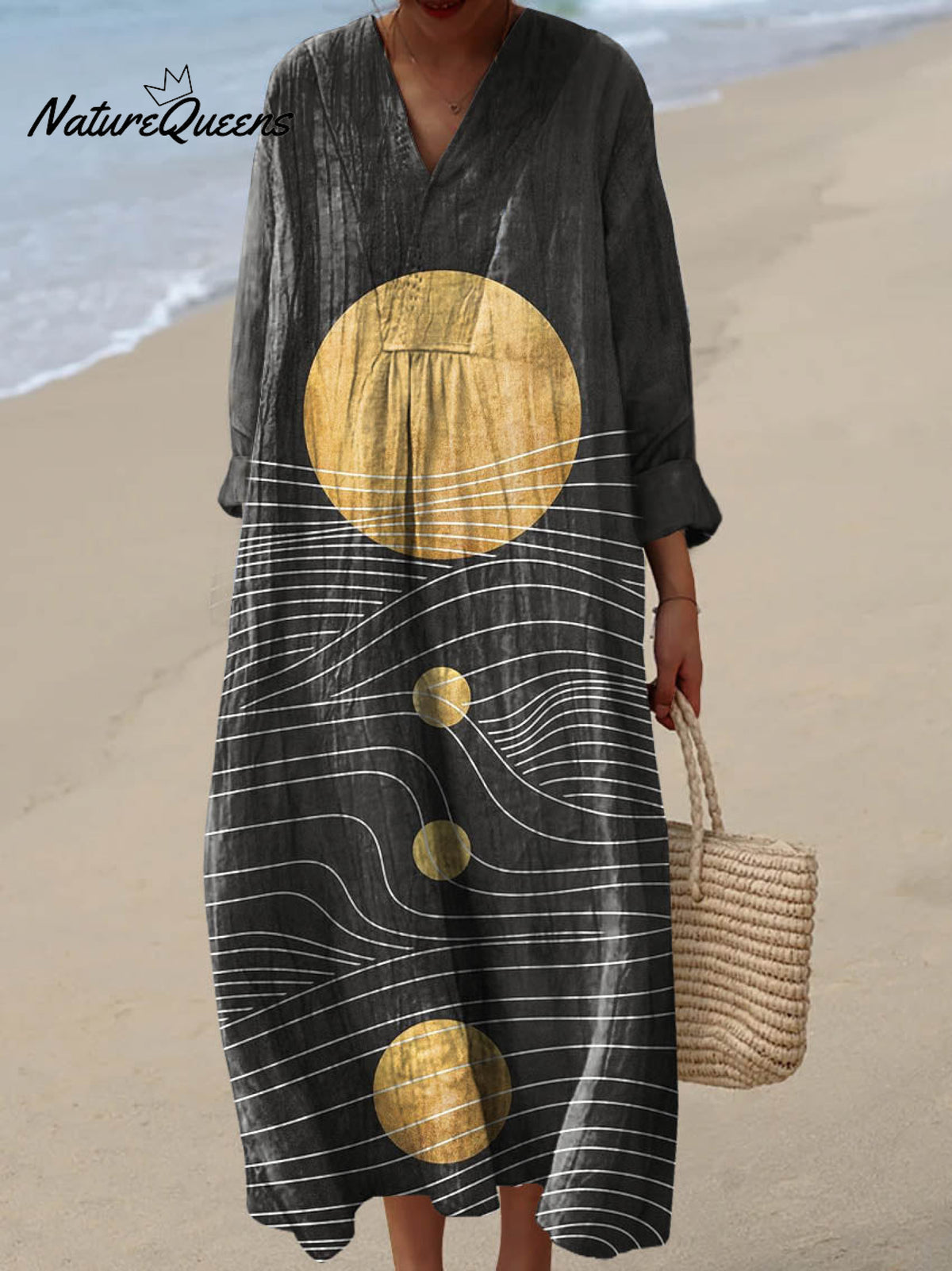 Women's Abstract Geometric Line Pattern Art Print Cotton Dress