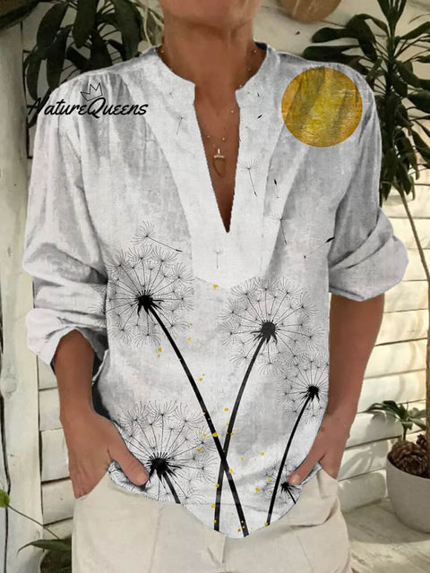 Women's Dandelion Sun Pattern Art Print Casual Short Sleeve Comfortable Cotton Shirt