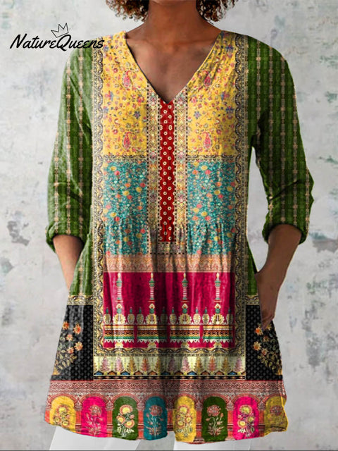 Women's Vintage Ethnic Floral Art Print Casual Linen V-neck Shirt