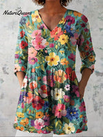 Women's Lovely Floral Art Print Casual Linen V-neck Shirt
