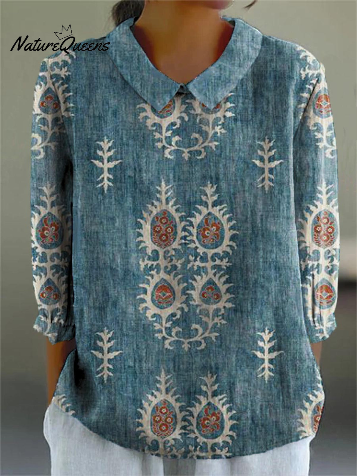 Women's Vintage Ethnic Pattern Art Print Casual Cotton And Linen 3/4 Sleeve Shirt