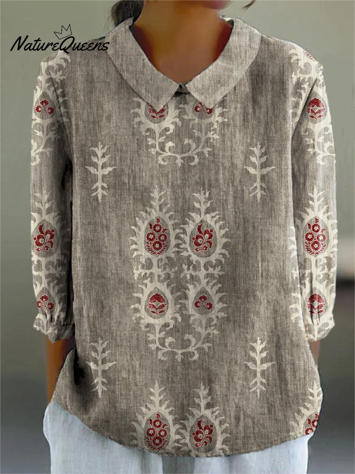 Women's Vintage Ethnic Pattern Art Print Casual Cotton And Linen 3/4 Sleeve Shirt
