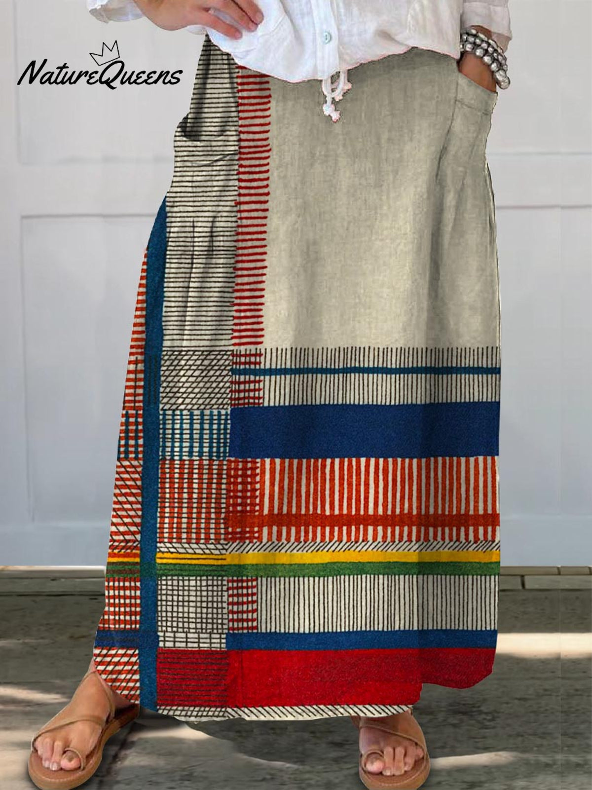 Women's Geometric Pattern Art Print Casual Cotton Linen Pocket Skirt