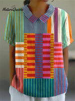 Women's Abstract Geometric Pattern Art Print Casual Cotton And Linen Shirt